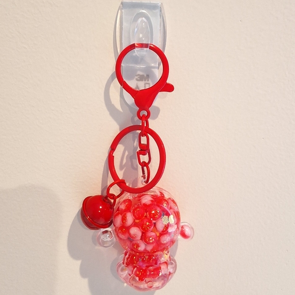 Skullpanda Red Beaded Liquid Filled Shaker Keychain Bag Charm With Bell, NEW - Picture 3 of 4
